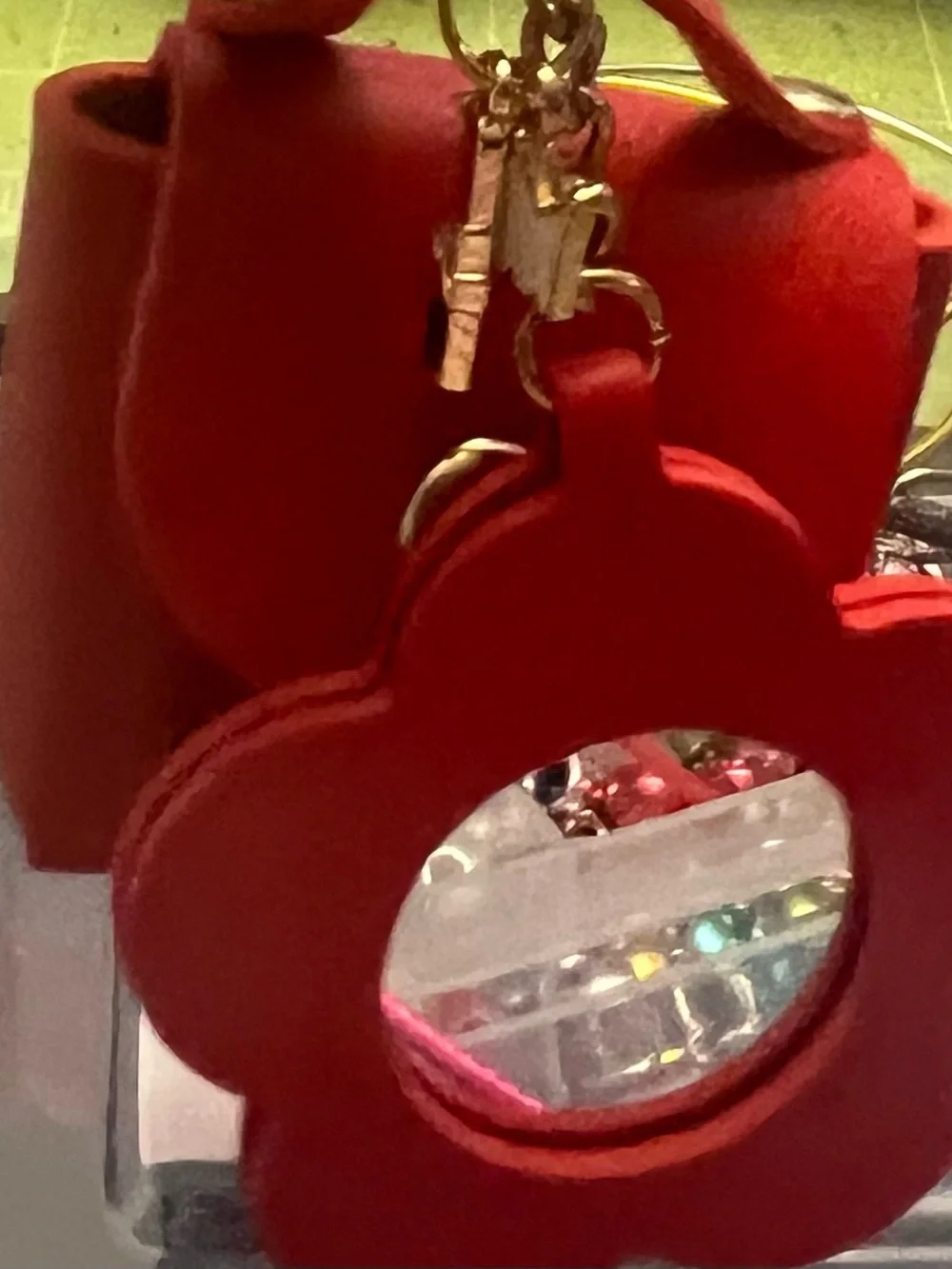Mini Red Leather bag charm Purse with Mirror Charm, lipstick and crown charm.